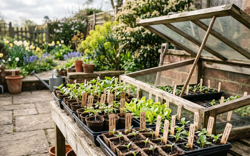 Trays of labelled vegetable seedlings on a bench beside an open cold frame in a spring UK garden, being hardened off