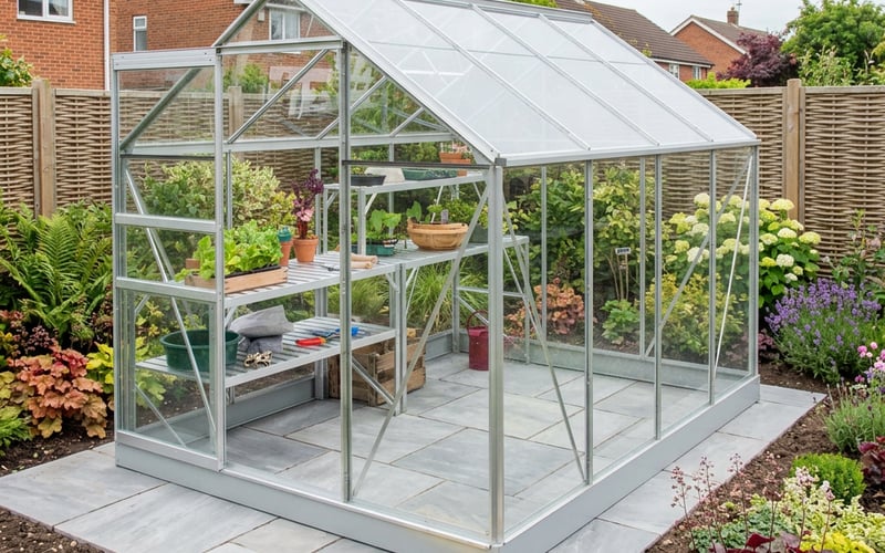 Vitavia Venus 5000 8x6 aluminium greenhouse fully assembled on paving slab base in a UK garden