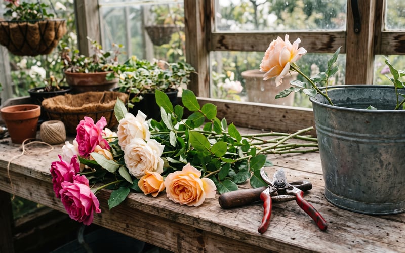 Long-stemmed hybrid tea roses cut and laid on a greenhouse potting bench
