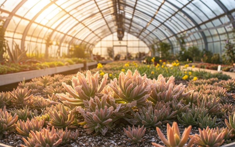 Collection of colourful ice plants with crystalline foliage growing in greenhouse.