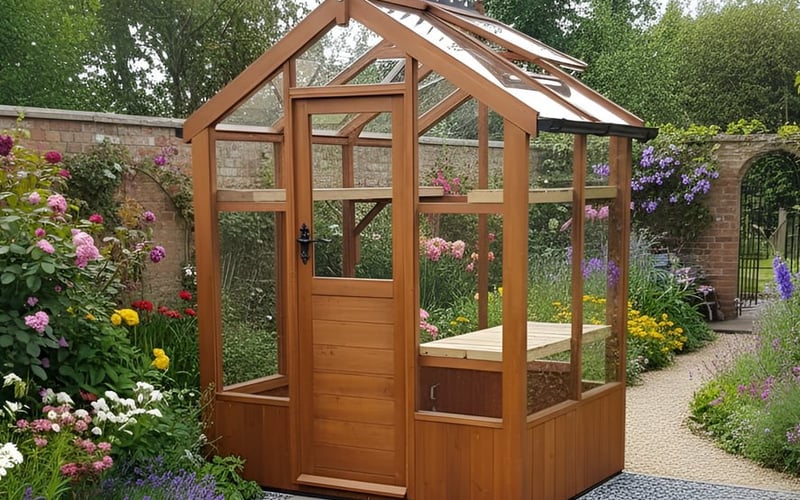 Swallow wooden greenhouse with a glazed timber frame and apex roof in a walled garden