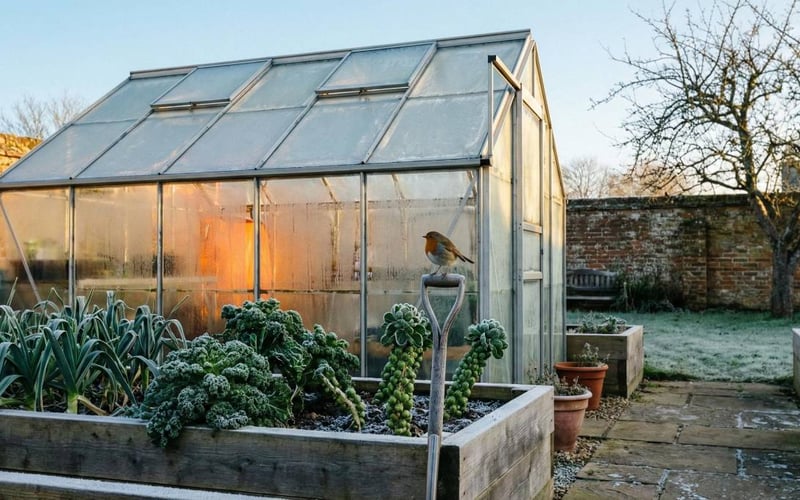 Frost-covered aluminium greenhouse on a crisp January morning in a UK garden
