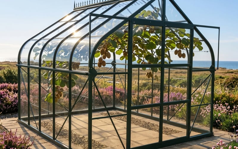 Vitavia Saturn greenhouse in green with a kiwi vine trained on wires and ripening fruit