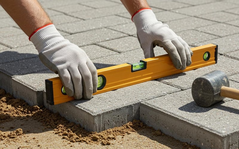 Spirit level checking paving slab alignment during greenhouse base construction showing correct levelling technique