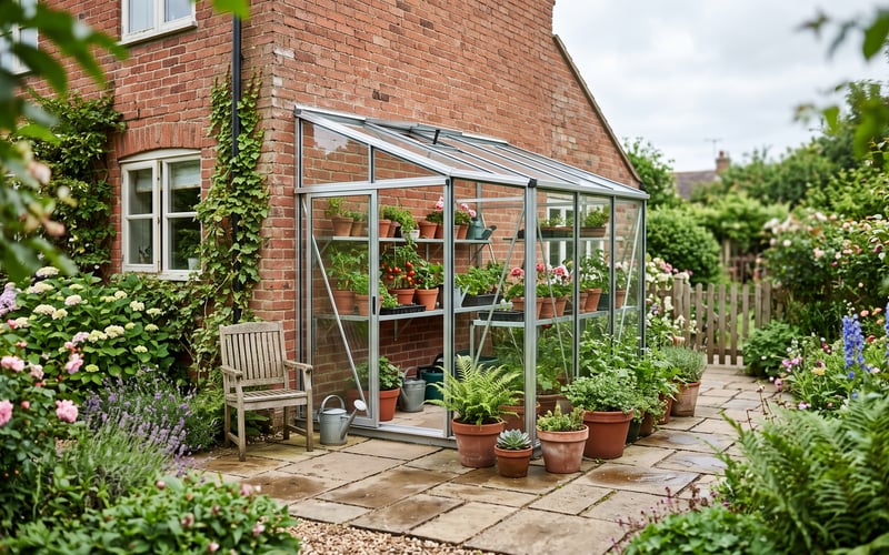 Aluminium lean-to greenhouse fitted against the rear brick wall of a UK semi-detached house