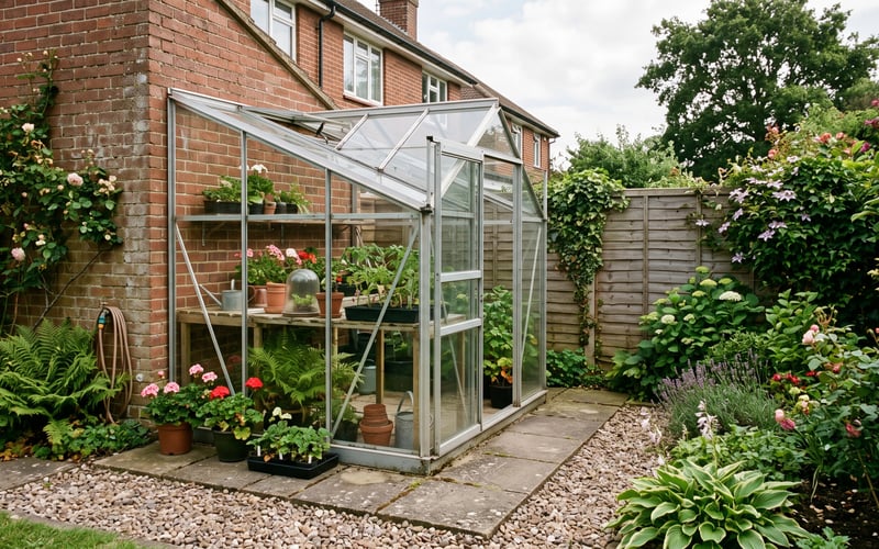 Lean-to greenhouse base laid on paving slabs set back from a garden boundary fence