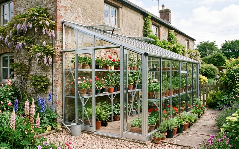 Walk-in aluminium lean-to greenhouse against a detached house wall with staging down both sides