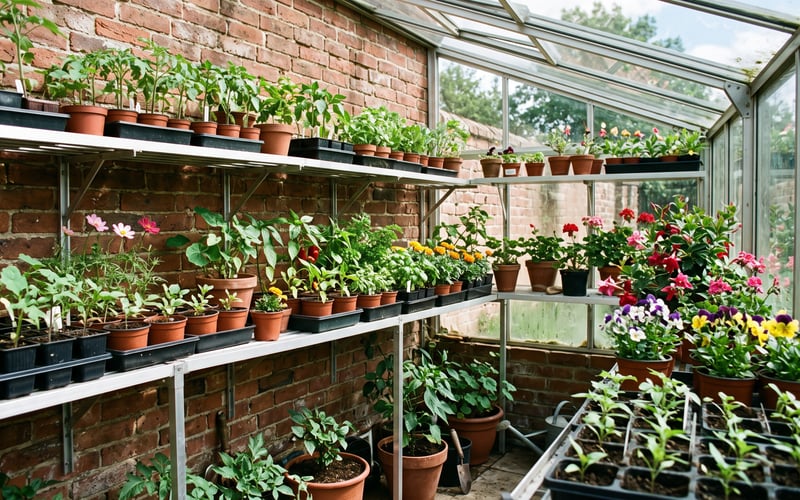Inside a lean-to greenhouse with aluminium staging and potted plants against the house wall