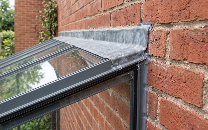 Lead flashing sealing the roof of a lean-to greenhouse against a house brick wall