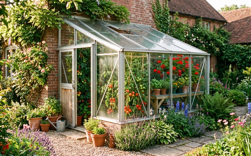 Lean-to greenhouse on a sunny south-facing house wall with tomato plants growing inside