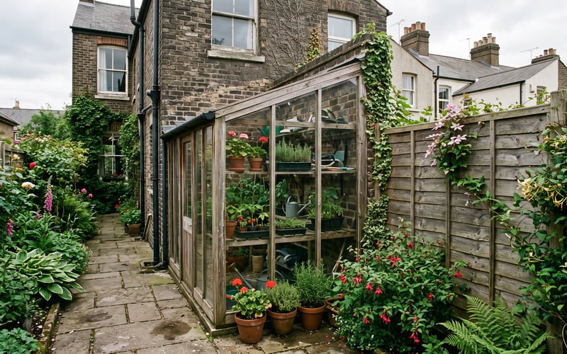Slim lean-to greenhouse fitted to the rear wall of a narrow terraced house garden