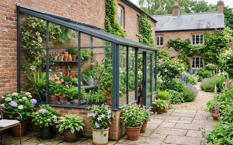Glazed lean-to greenhouse beside a brick house showing the difference from a conservatory