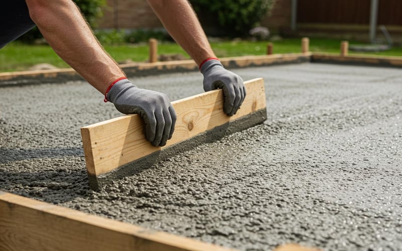Using a screed board to level fresh concrete for a greenhouse base
