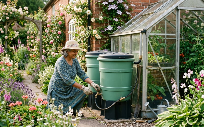 Two green water butts linked together beside a greenhouse in a cottage garden