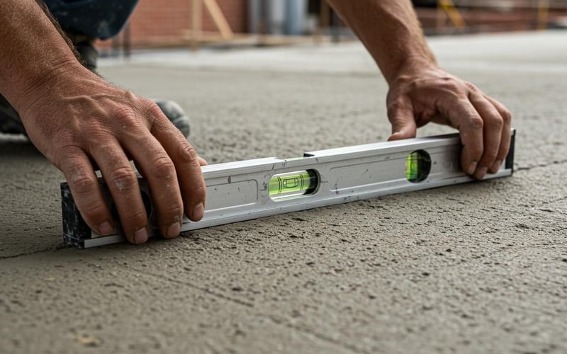 Spirit level checking a concrete shed base for level