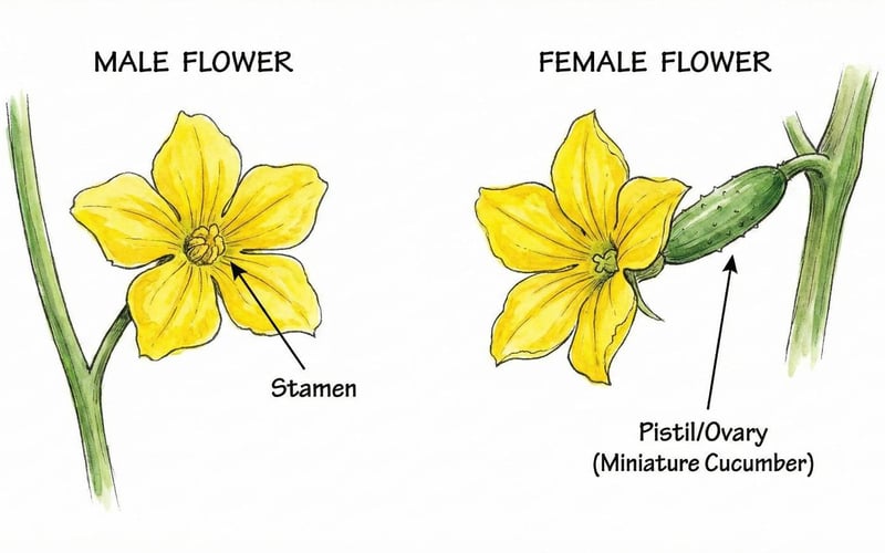 Illustration showing the difference between male and female cucumber flowers