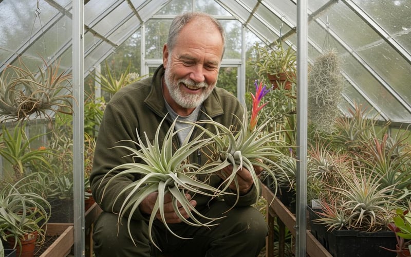 Man holding large air plant Tillandsia specimen with visible rootless growth.