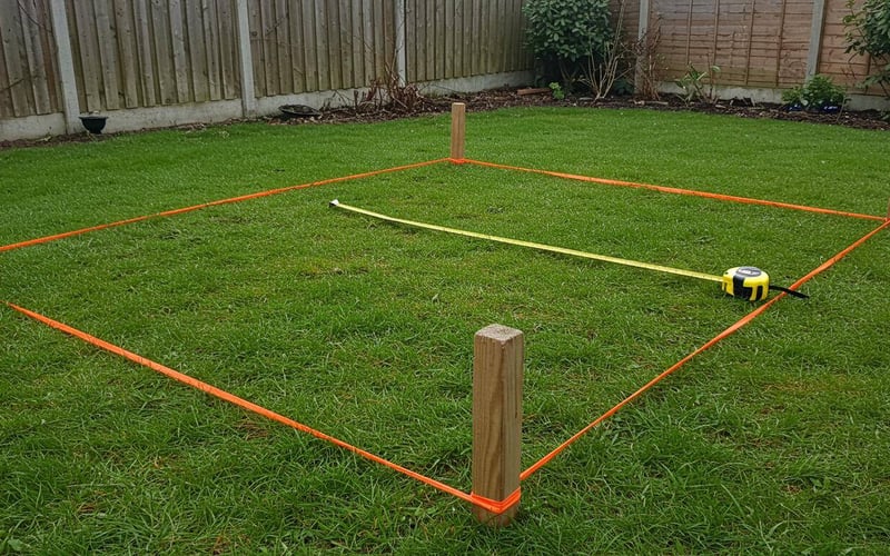 String lines and wooden pegs marking out greenhouse base corners on grass