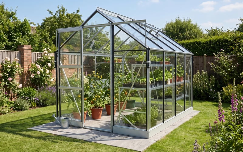 Vitavia Apollo 8x6 aluminium greenhouse on a paved base, filled with tomato plants and seedlings on staging in summer sun