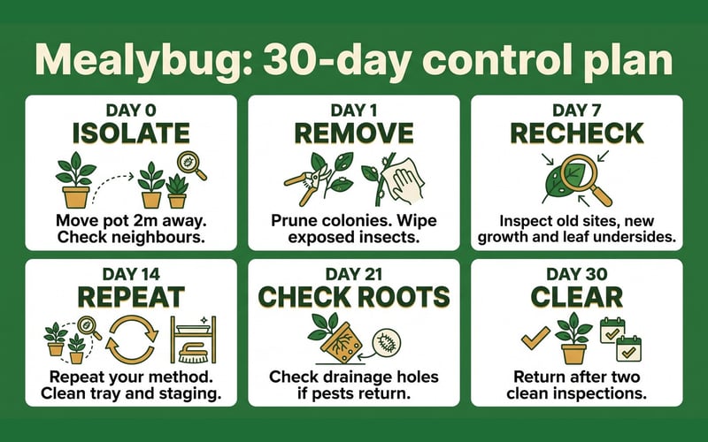 Mealybug 30-day control plan showing isolation, removal and repeat inspection dates