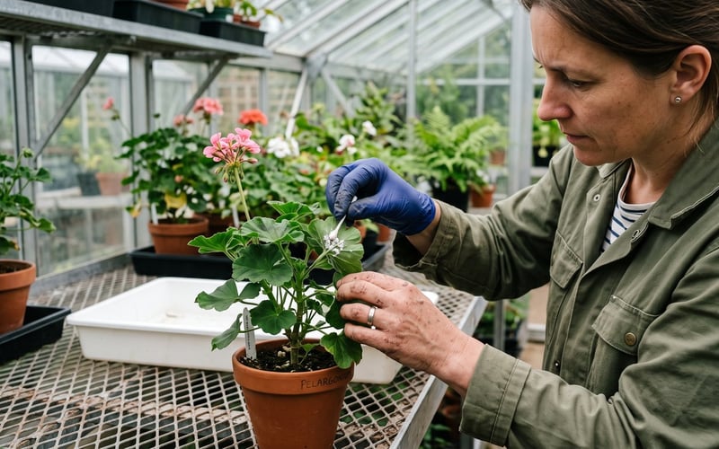 Gardener removing mealybug from a pelargonium leaf axil with a cotton bud