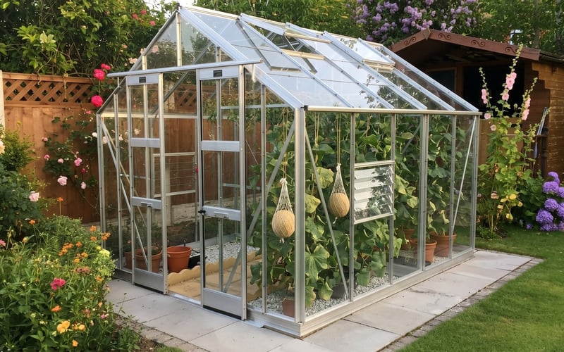 Elite Belmont 8x10 greenhouse with melon plants trained up strings and fruits supported in nets