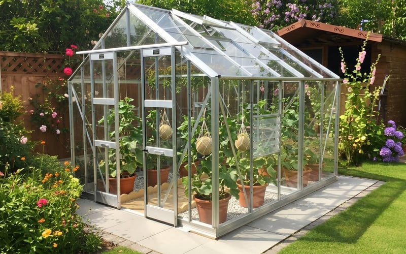 Elite Belmont 8x10 greenhouse with melon plants trained up strings and fruits supported in nets