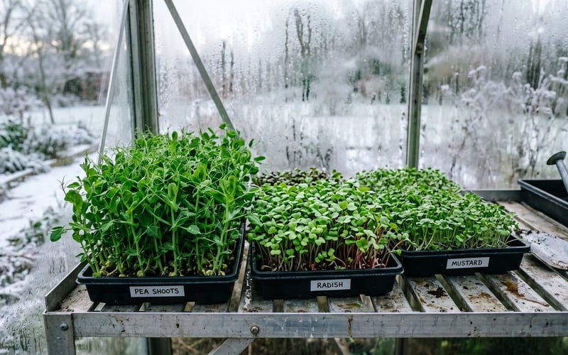 Trays of microgreens and pea shoots growing on greenhouse staging in low winter light