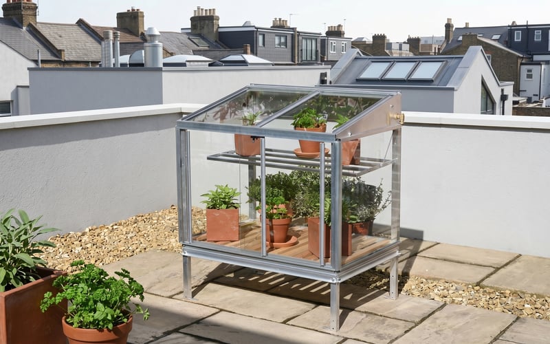 Aluminium mini greenhouse full of potted herbs on a small modern urban courtyard patio