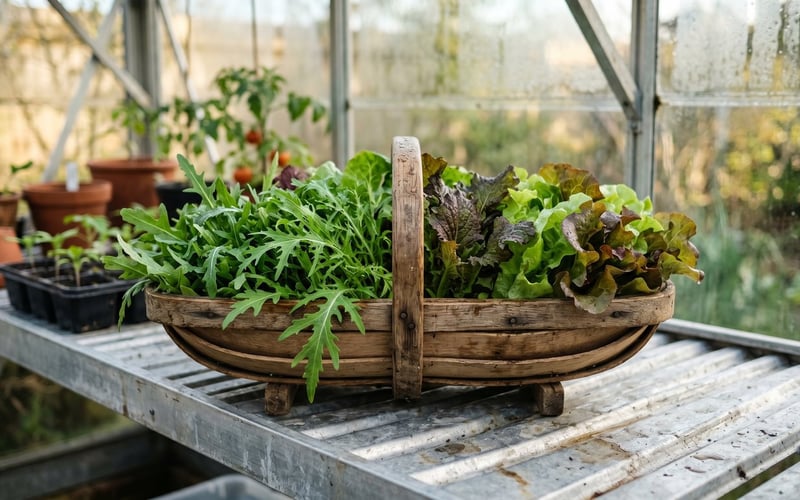 Wooden trug of freshly cut mixed salad leaves rocket mizuna and lettuce inside a UK greenhouse