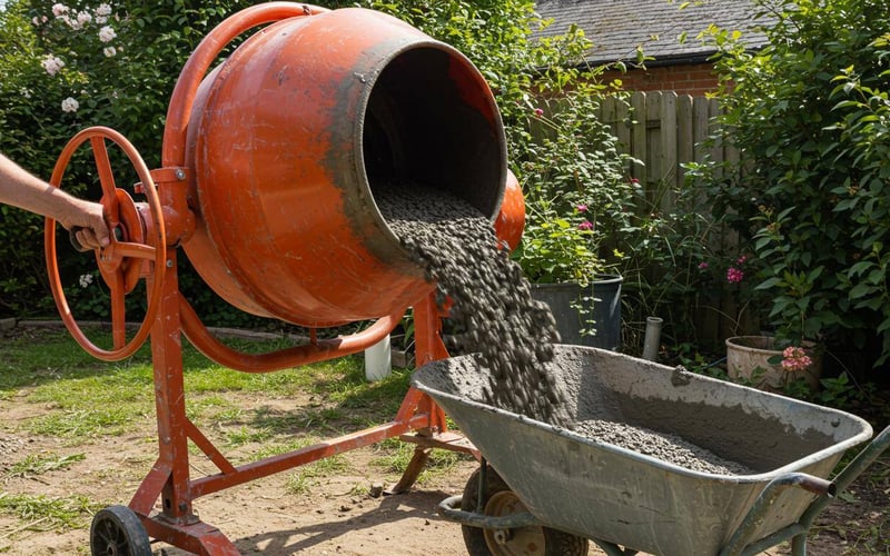 Concrete mixer pouring fresh concrete into a wheelbarrow