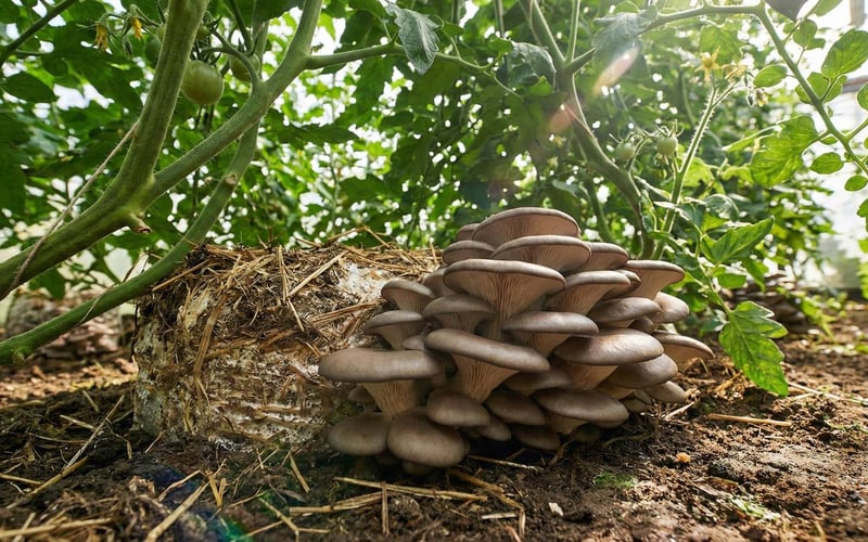 Oyster mushrooms growing near the base of tomato plants inside a greenhouse showing companion planting benefits