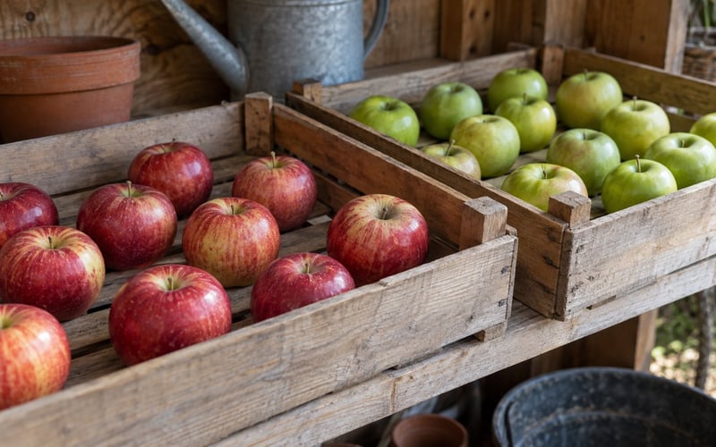 Sound apples stored separately in single layers in shallow wooden trays