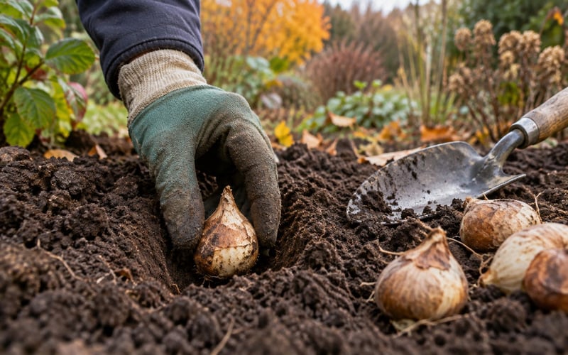 A gardener lowering a daffodil bulb point upwards into an autumn planting hole