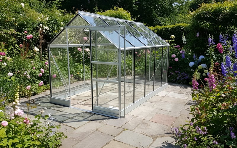 Vitavia Apollo 6200 silver greenhouse with clear glazing, sliding door and roof vents