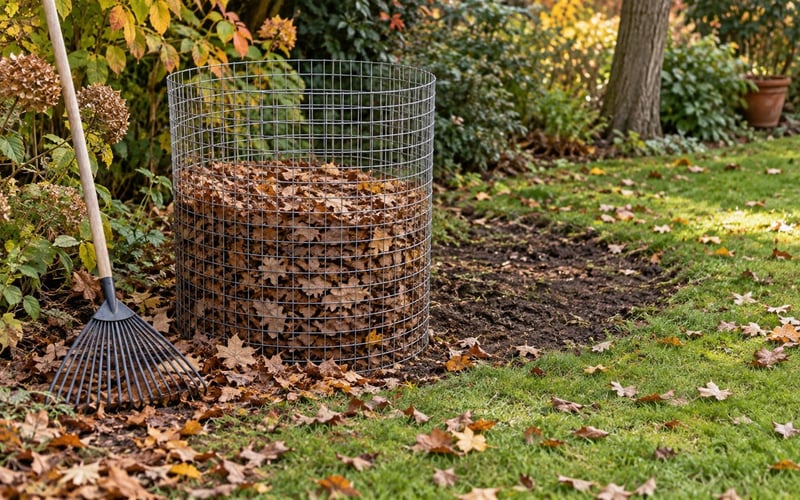 Fallen autumn leaves collected in a simple wire leaf-mould cage beside a lawn