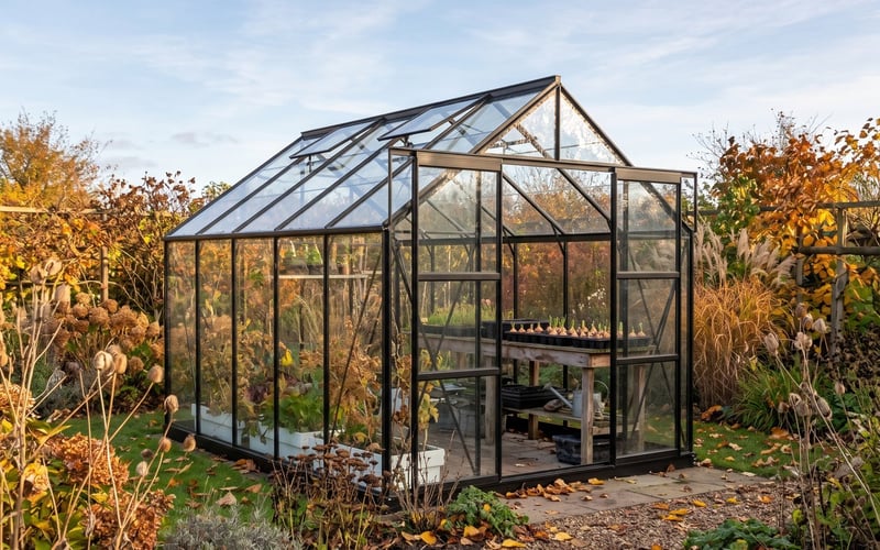 Trays of onion sets in modules on a bench inside a black Vitavia Jupiter 8x10 greenhouse in autumn