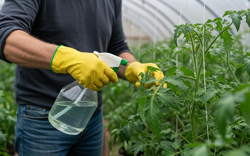 Applying organic neem oil spray to greenhouse plant leaves in the evening