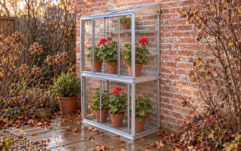 Potted geraniums in a silver Access Hampton 2x3 lean-to greenhouse against an autumn garden wall