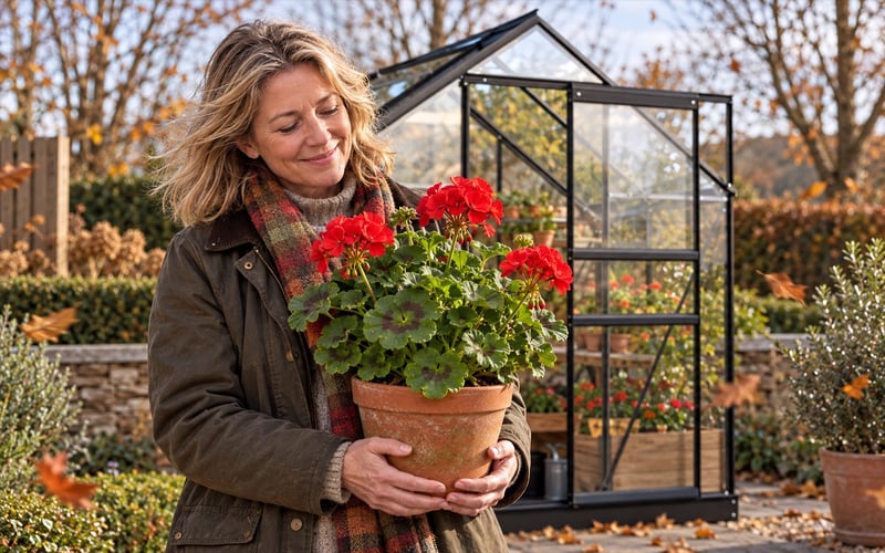 Woman holding a red geranium beside the open door of a black Vitavia Venus greenhouse in late autumn