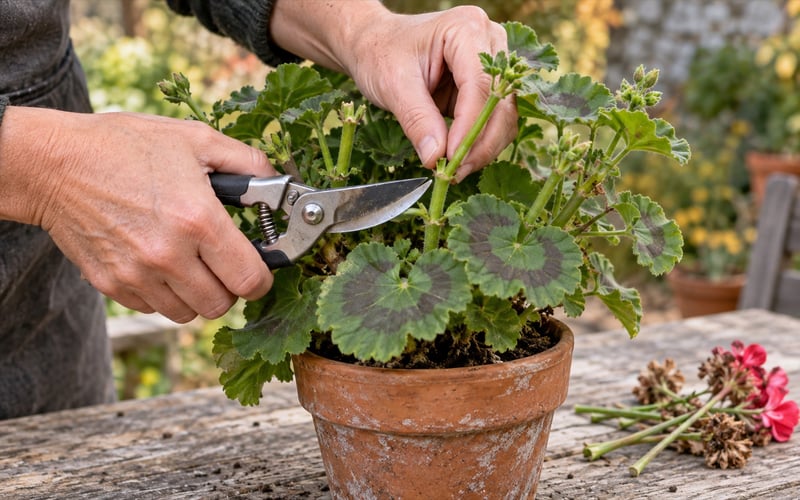 Close-up showing where to prune a pelargonium stem above a leaf joint