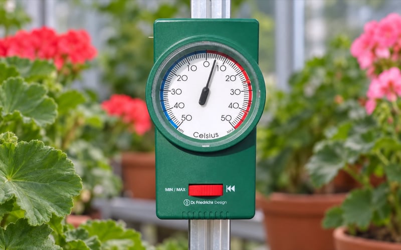 Vitavia max min thermometer mounted beside overwintering pelargoniums