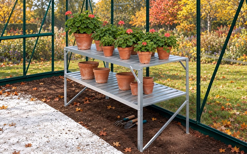 Potted pelargoniums on Vitavia two-tier silver greenhouse staging in autumn