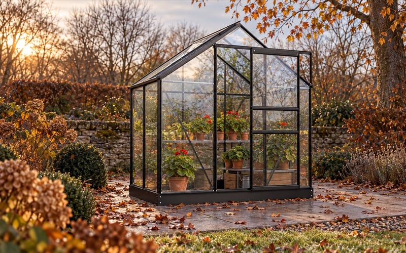 Black Vitavia Venus 2500 6x4 greenhouse holding potted geraniums in a late-autumn garden