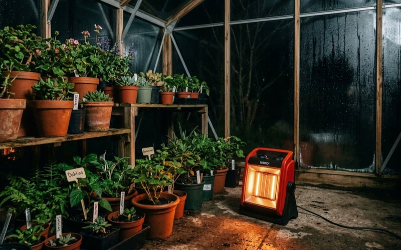 Electric greenhouse heater running inside a greenhouse surrounded by overwintering plants