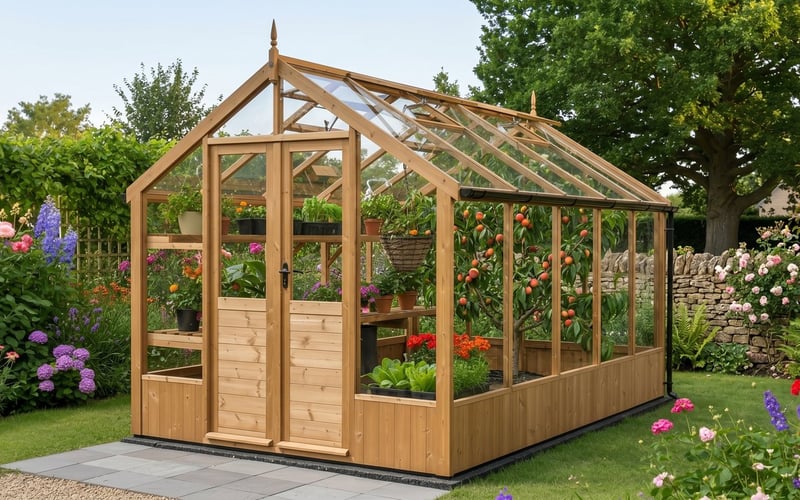 Swallow Raven 8x10 wooden greenhouse with fan-trained peach trees and ripe peaches inside