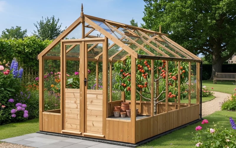 Swallow Raven 8x10 wooden greenhouse with fan-trained peach trees and ripe peaches inside