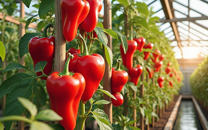Sweet and hot peppers growing inside a UK greenhouse