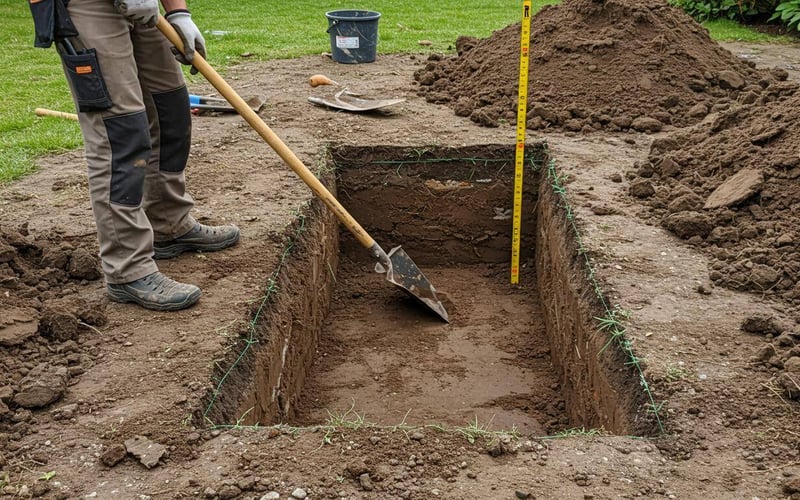 Digging a rectangular excavation for a shed base to 150 mm depth