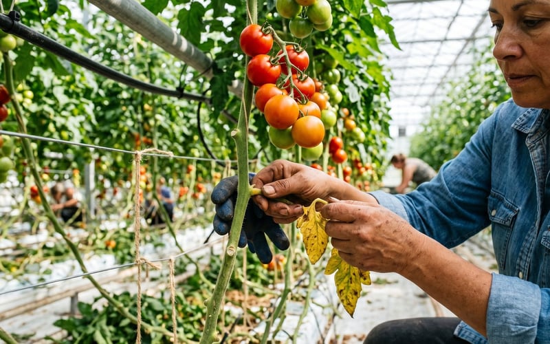 Gardener removing a yellowing lower leaf from a greenhouse tomato plant to improve airflow